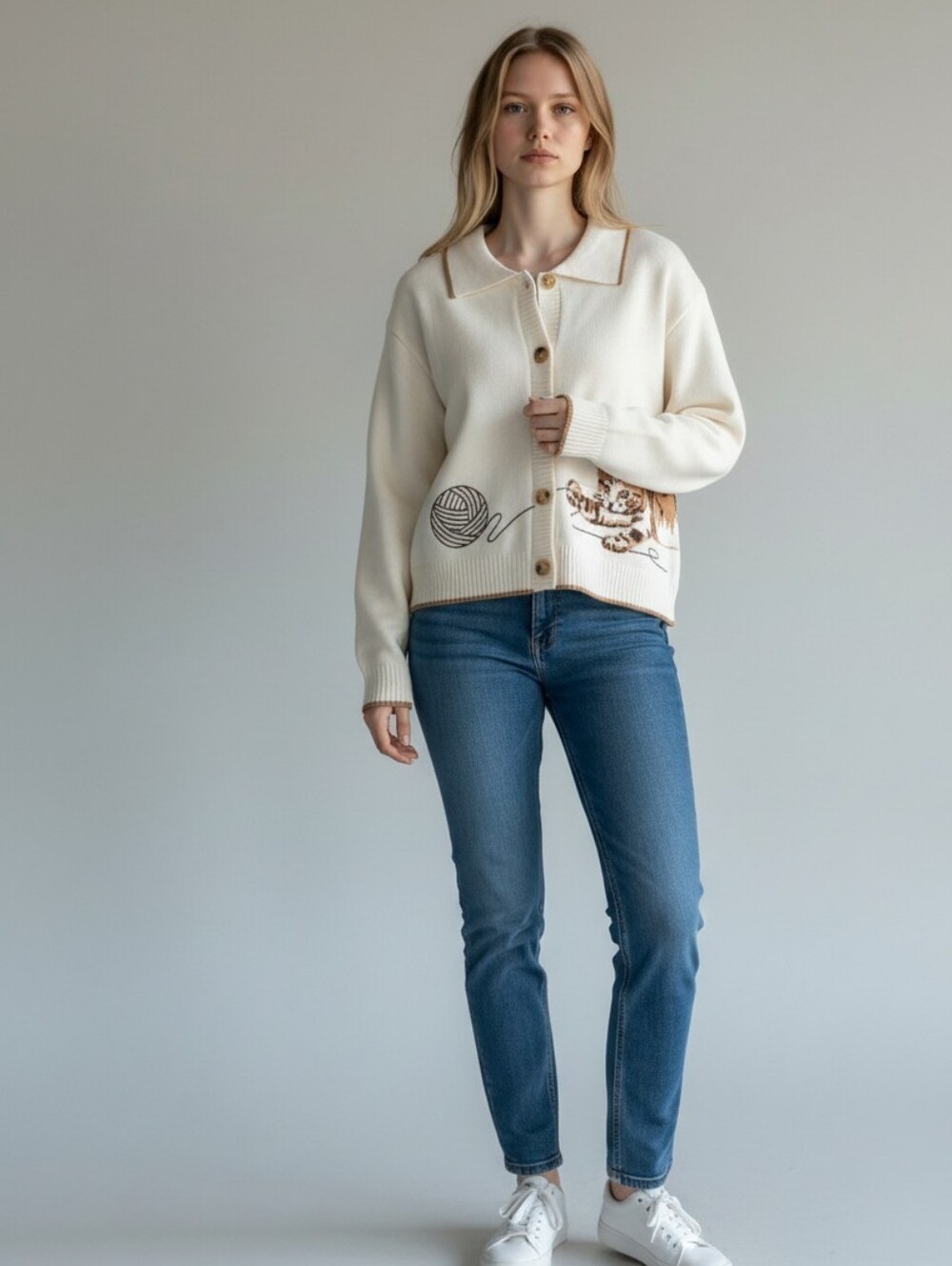 Anthropologie Calligraphie Playful Tabby Cat & Yarn Ball Knit Cardigan Sweater X
